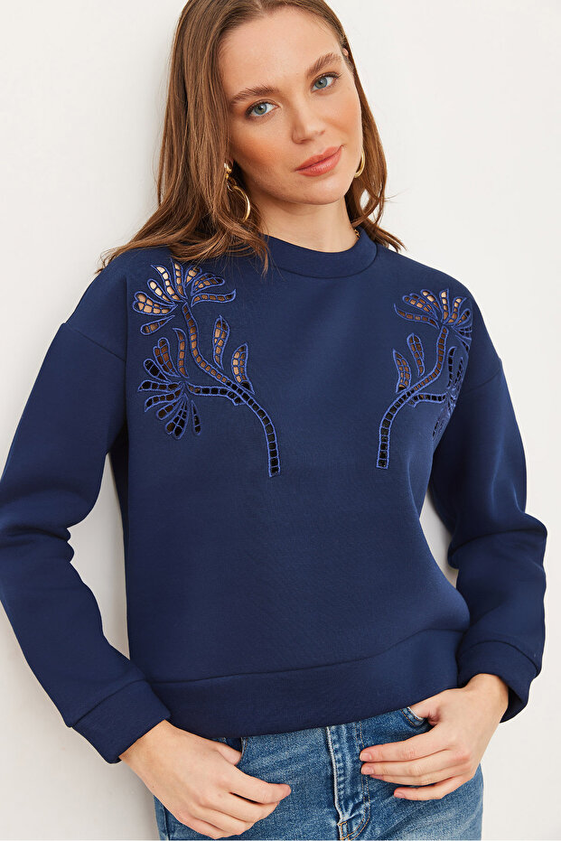 Women's Navy Blue Roba Scalloped Detailed Raised Sweatshirt Swt- 19000703