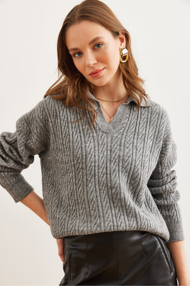 Women's Anthracite Polo Neck Hair Braided Knitwear Sweater Kzk- 19000881