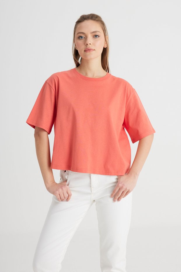Crew Neck Dark Orange Women's T-Shirt W 241608 B50-Crew Neck T-Shirt
