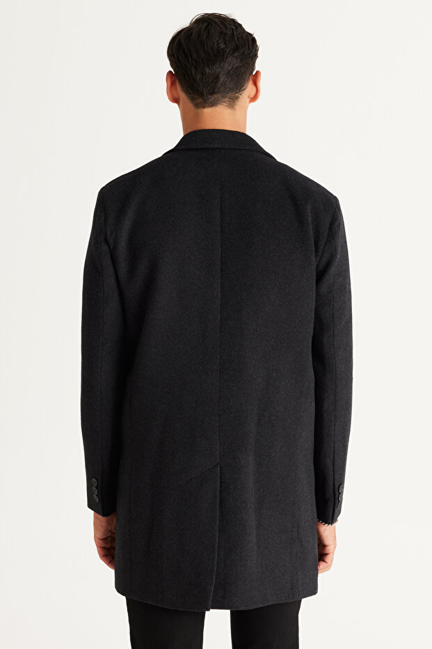 Męski kolor antracytowy – wełniany płaszcz z pojedynczym kołnierzem o standardowym kroju - 6