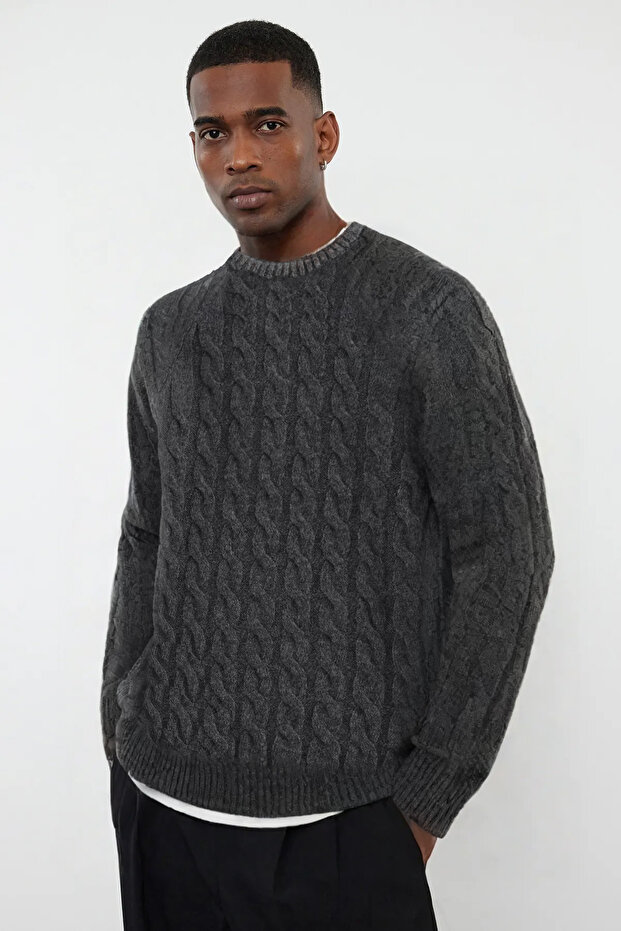 Antrasit Slim Fit Bisiklet Yaka Saç Örgü Triko Kazak TMNAW25KZ00012 - 5