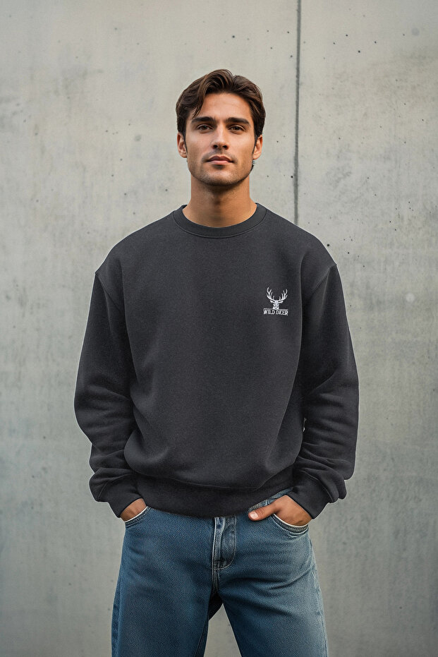 Antrasit Melanj Oversize/Geniş Kesim Uzun Kol Hayvan Nakışlı Sweatshirt TMNAW24SW00164 - 1