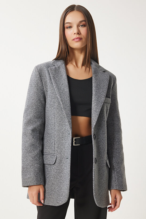 Women's Anthracite Leather Detailed Winter Blazer Jacket Fn03405