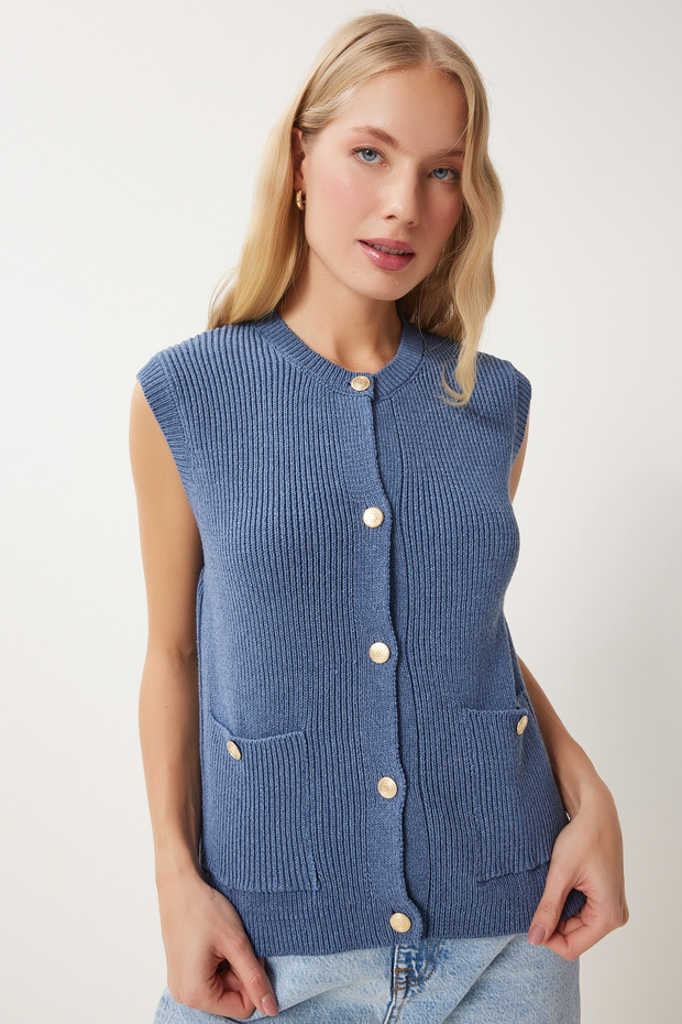 Women's Indigo Blue Stylish Buttoned Pocket Knitwear Vest Us00948