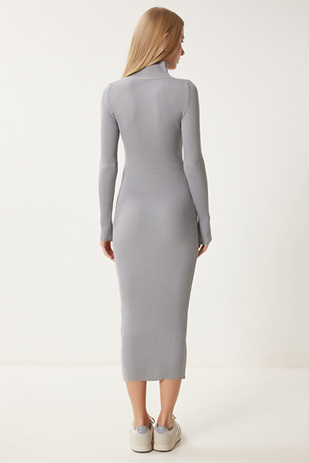 Kadın Gri Cut Out Detaylı Dik Yaka Fitilli Triko Elbise FN03388 - 6