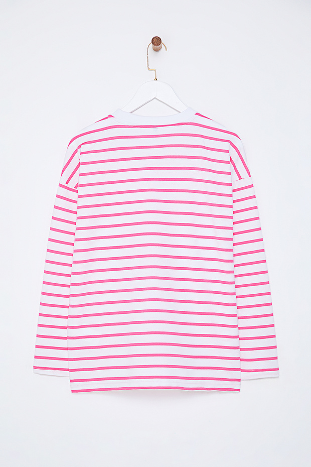 Pembe Çizgili Oversize/Geniş Kesim Bisiklet Yaka İnce Örme Sweatshirt TWOAW23SW00326 - 7