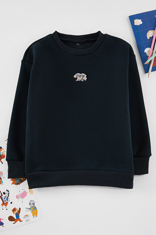 Lacivert Unisex Baskılı Örme Mini Me Sweatshirt TKDAW25SW00078 - 1