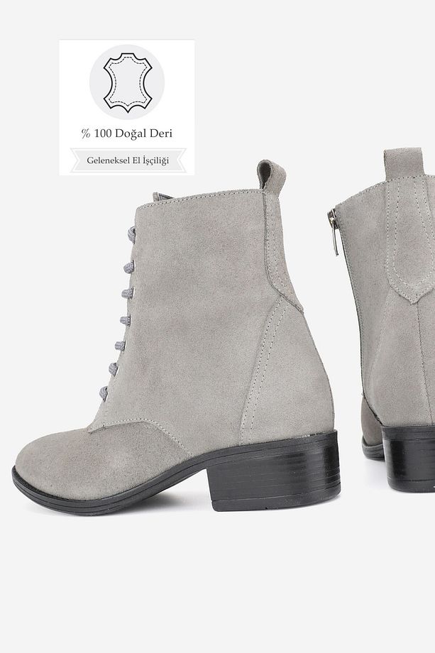 Kadın Gri Süet Hakiki Deri 36-41 Numara Bağcıklı  Bot & Bootie - 3