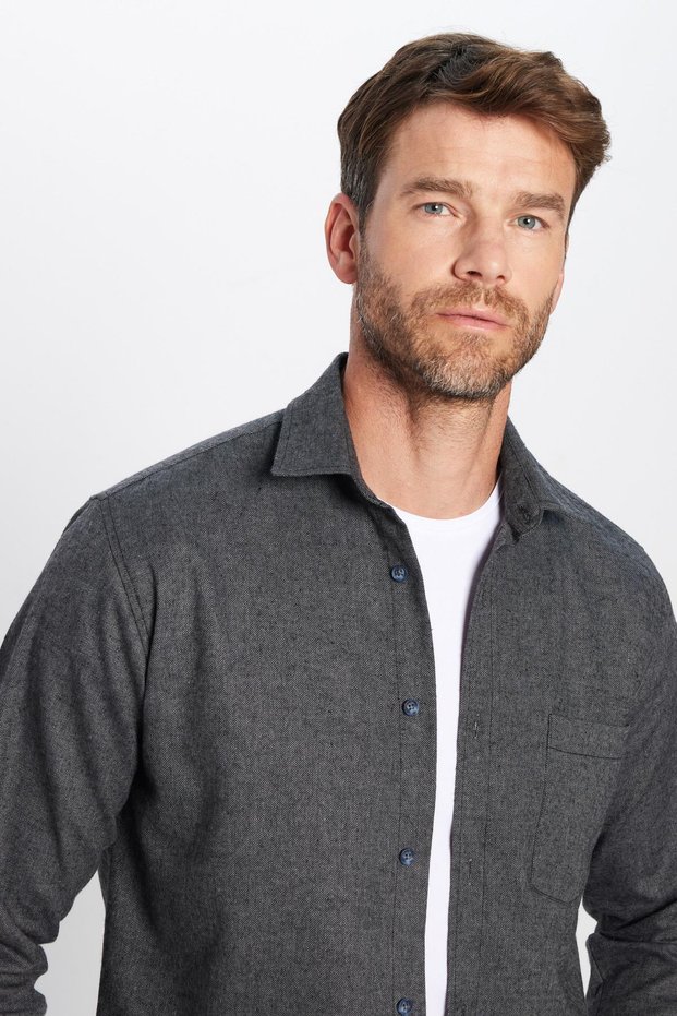 Classic Fit Long Sleeve Pearlescent Sports Collar Flat Winter Lumber Men's Black Shirt