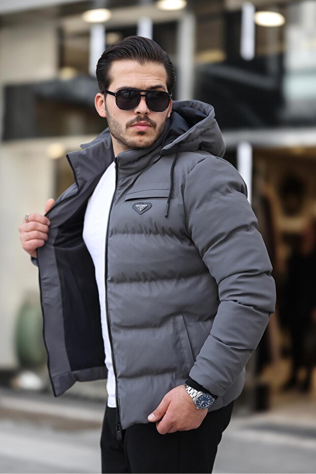 Embroidered Carbon Leather Coat Hooded PLDP 2959