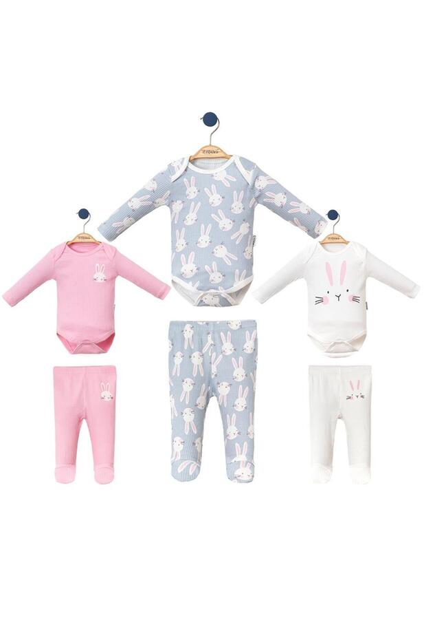 Rabbit Printed Baby Girl Snap-On Bodysuit and Booties Bottom Three-Piece Double Set