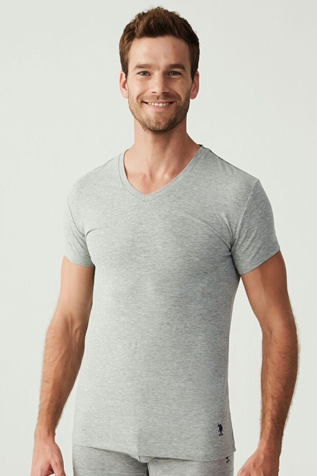 80194 Men's Gray Melange 2-Piece Short Sleeve V-Neck Undershirt