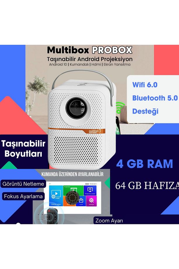 T6 Promax Android 4 GB Ram 64 GB Hafıza Projektör Wifi Bluetooth 240 Inç Ekran Yansıtma - 1
