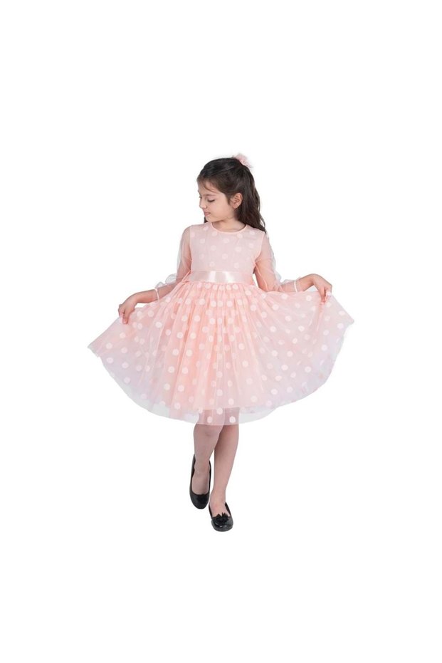 Princess Large Dot Buckle Lace Fabric Girl's Dress MNK0547 SALMON