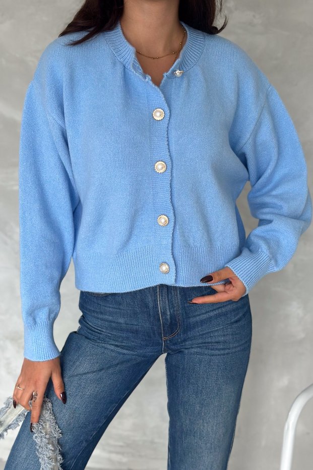 Women's Baby Blue Standard Size Pearl Button Short Knitwear Cardigan