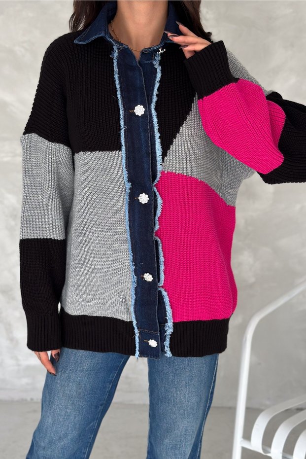 Women's Pink Standard Size Stone Buttoned Denim Detailed Design Oversize Knitwear Cardigan