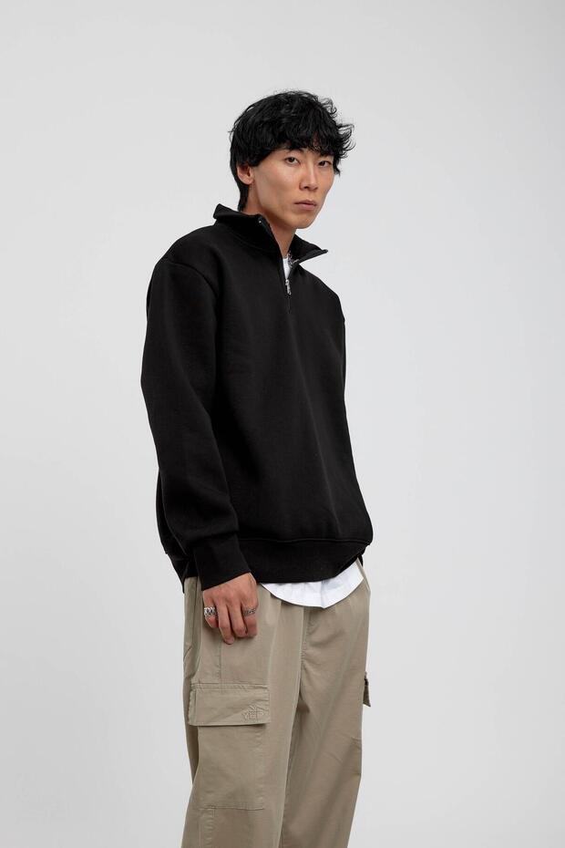 Siyah Yakası Fermuarlı Basic Şardonlu Sweatshirt - 5