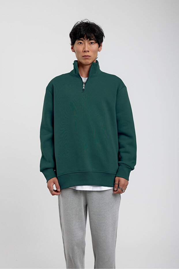 Green Basic Raised Sweatshirt with Zippered Collar - 3