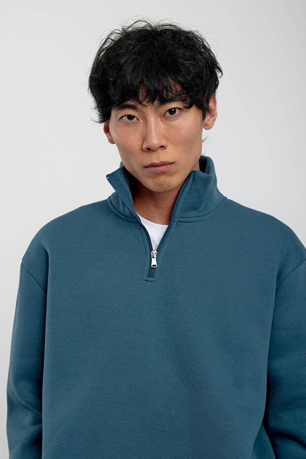 Mavi Yakası Fermuarlı Basic Şardonlu Sweatshirt - 2