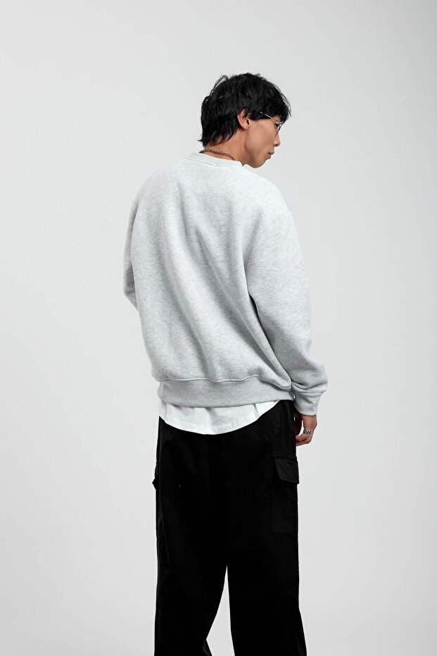 Gray Crew Neck Basic Raised Sweatshirt - 6