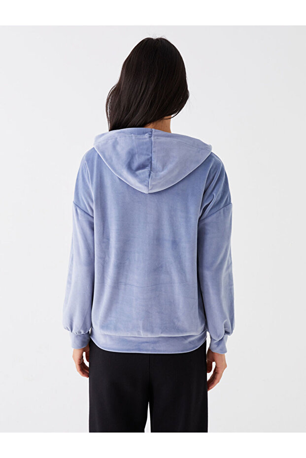 Kapüşonlu Düz Uzun Kollu Kadife Kadın Pijama Üst - 5