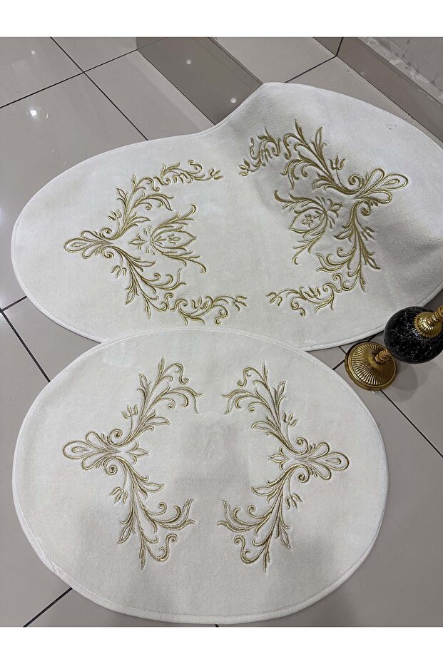 Carpet Mat Gold and Silver Embroidered Oval Carpet Mat Set Double Piece 70X120