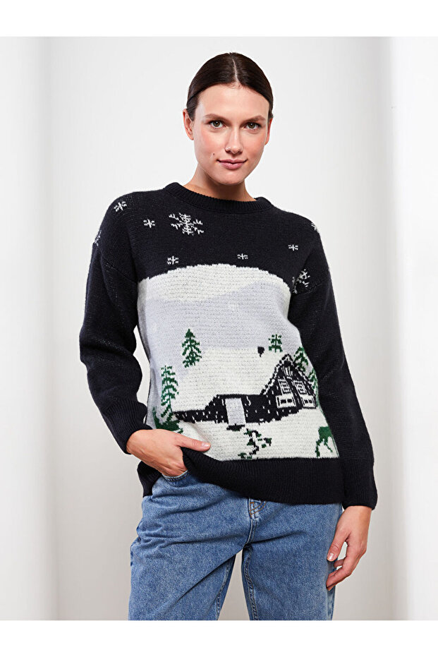 LCW Modest Mavi Yılbaşı Temalı Uzun Kollu Kadın Triko Kazak - 2