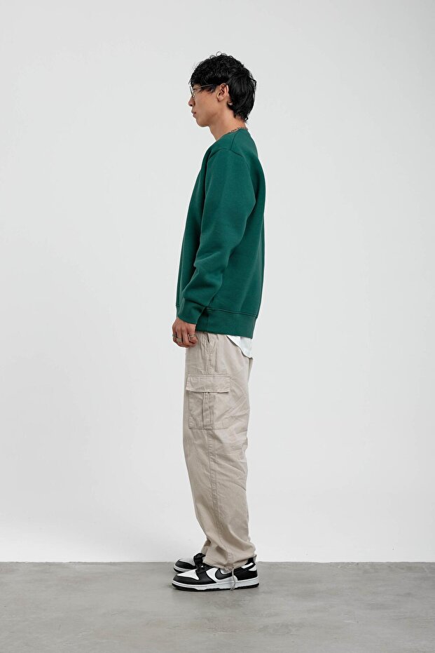 Green Crew Neck Basic Raised Sweatshirt - 3