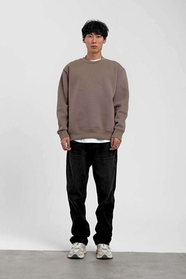 Vizon Bisiklet Yaka Basic Şardonlu Sweatshirt - 1