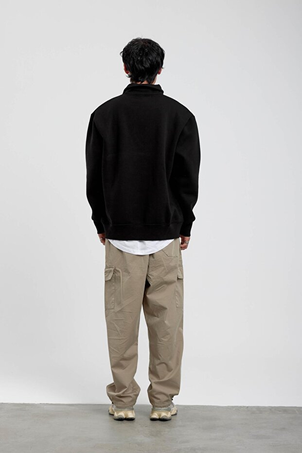 Siyah Yakası Fermuarlı Basic Şardonlu Sweatshirt - 6