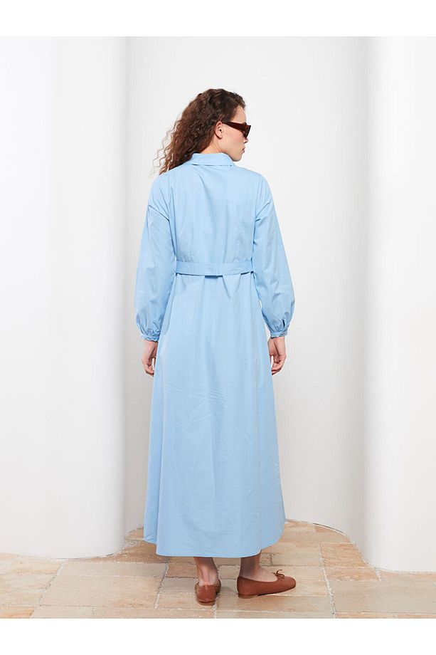 LCW Modest Mavi Düz Uzun Kollu Poplin Kadın Gömlek Elbise - 6