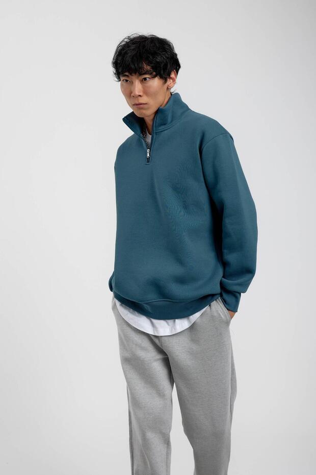 Mavi Yakası Fermuarlı Basic Şardonlu Sweatshirt - 4