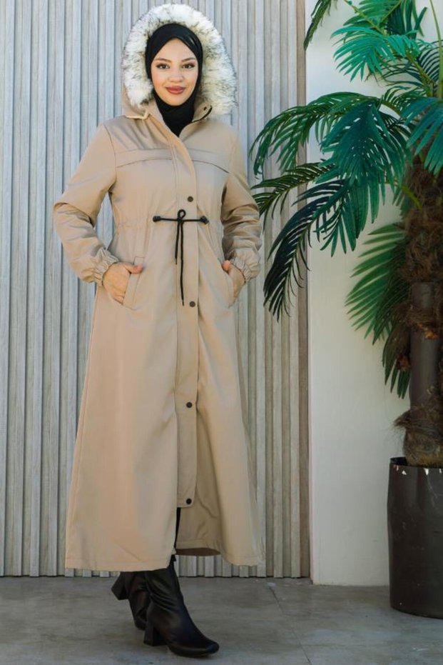 Hooded Long Coat with Tie Waist, Snaps and Zipper Detail Brc6267
