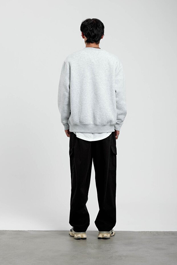 Gray Crew Neck Basic Raised Sweatshirt - 5