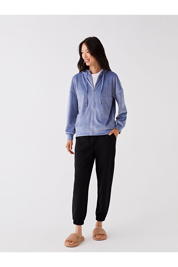 Kapüşonlu Düz Uzun Kollu Kadife Kadın Pijama Üst - 2