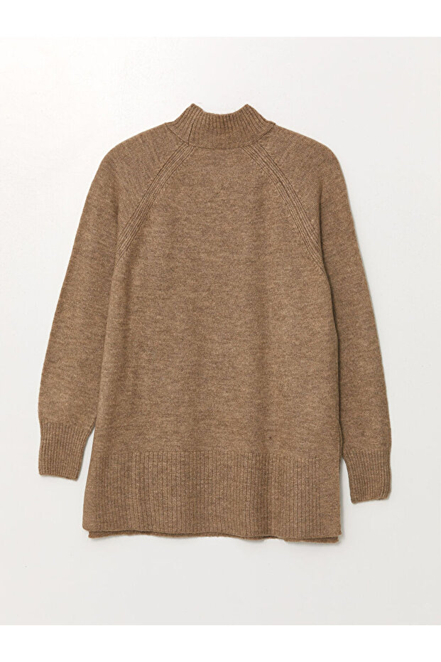 LCW Modest Bej Dik Yaka Düz Oversize Kadın Triko Tunik - 7