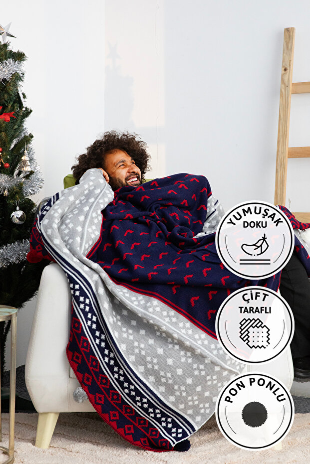 Biocotton Knitwear Pompom Tv Blanket - Navy Blue