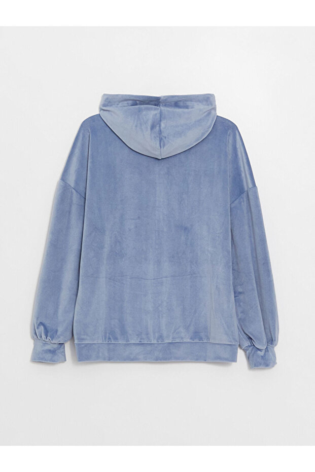 Kapüşonlu Düz Uzun Kollu Kadife Kadın Pijama Üst - 7