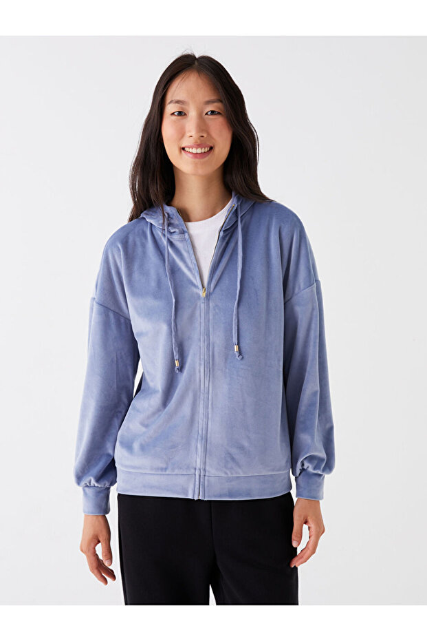 Kapüşonlu Düz Uzun Kollu Kadife Kadın Pijama Üst - 3