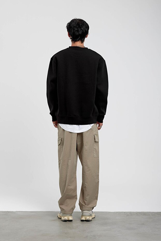 Siyah Bisiklet Yaka Basic Şardonlu Sweatshirt - 5
