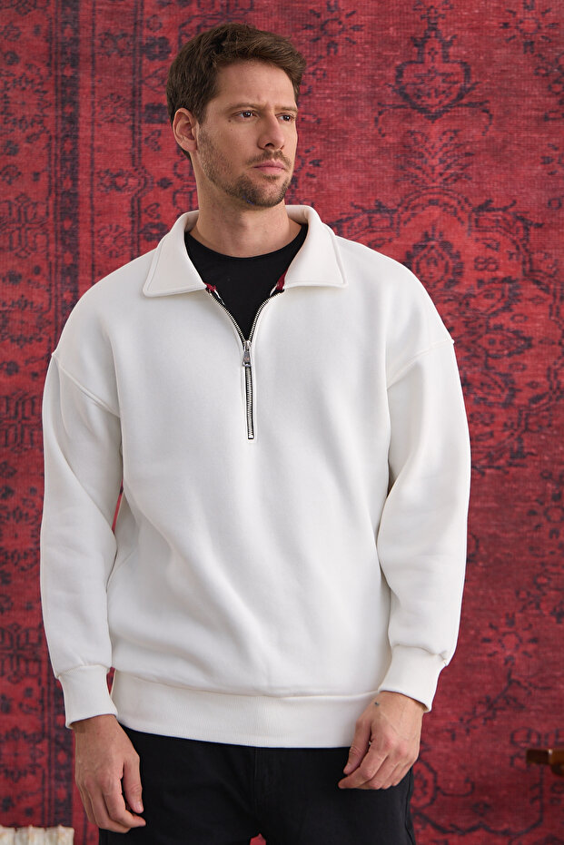 Men's Half Zipper Regular Fit Sweatshirt White