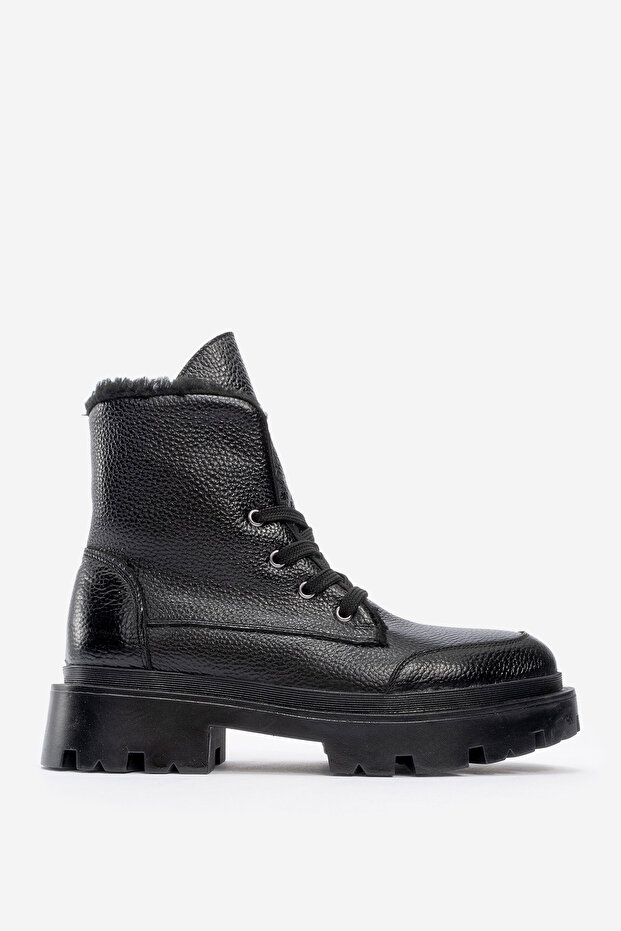 Women's Thick Sole Woolen Laced Casual Boots Real Leather Zy 1560 Black