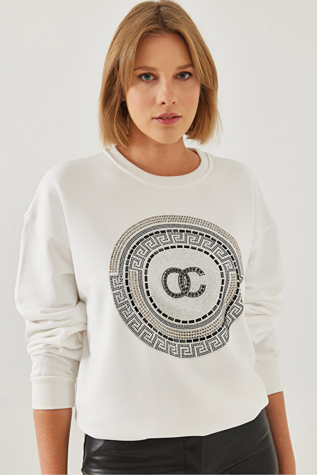 Women's White Stone Embroidered Sweatshirt 1562 60251965