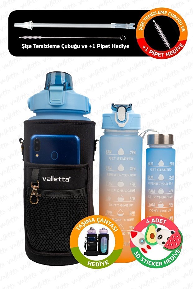 Eldorado 3-Piece Set with Bag BPA Free Motivational Water Bottle Blue Water Bottle, Water Bottle