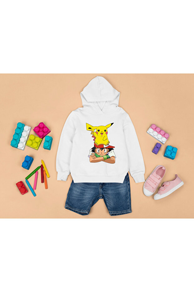 سويت شيرت للأطفال بغطاء للرأس مطبوع عليه ASH وPIKACHU بدون جيب 3 خيوط