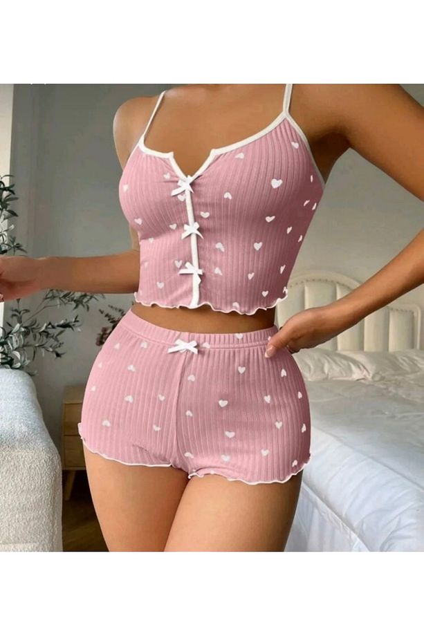 Pembe Beyaz Kalpli Fiyonklu Likralı Şortlu Takım Gecelik - 1