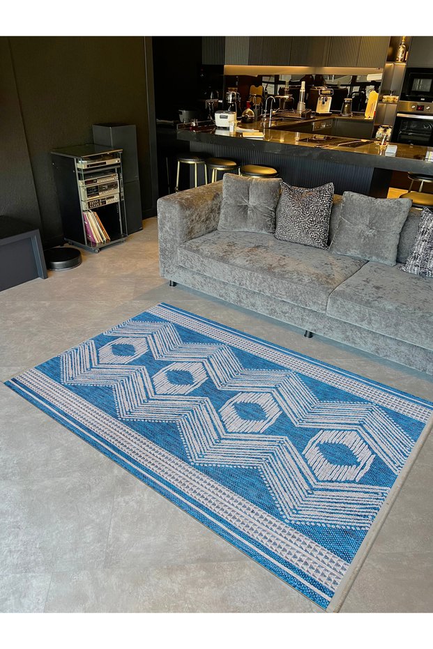 Umay Collection Blue and White Patterned Woven Base Modern Decorative Carpet Umay43