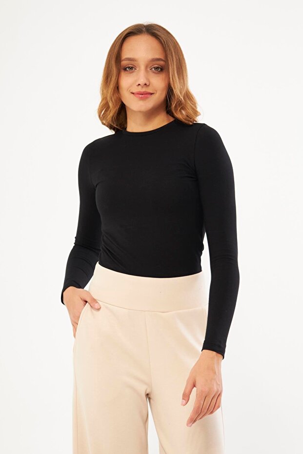 Women's Black Basic Round Neck Long Sleeve Blouse - Floris