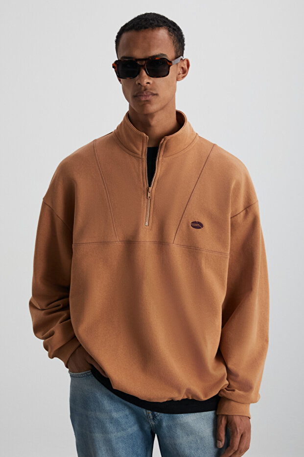 Radiant Men's 100% Organic Cotton Embroidery Detailed Half Zipper Stand Collar Brown Sweatshirt