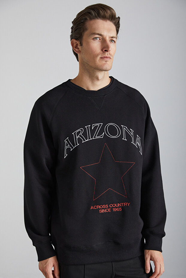 Domagoj Men's Organic Cotton Western Printed Crew Neck Oversize Black Sweatshirt